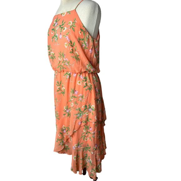 Stella & Julie Dress Orange Floral size 12 asymmetric hem lined sleeveless - Picture 2 of 12